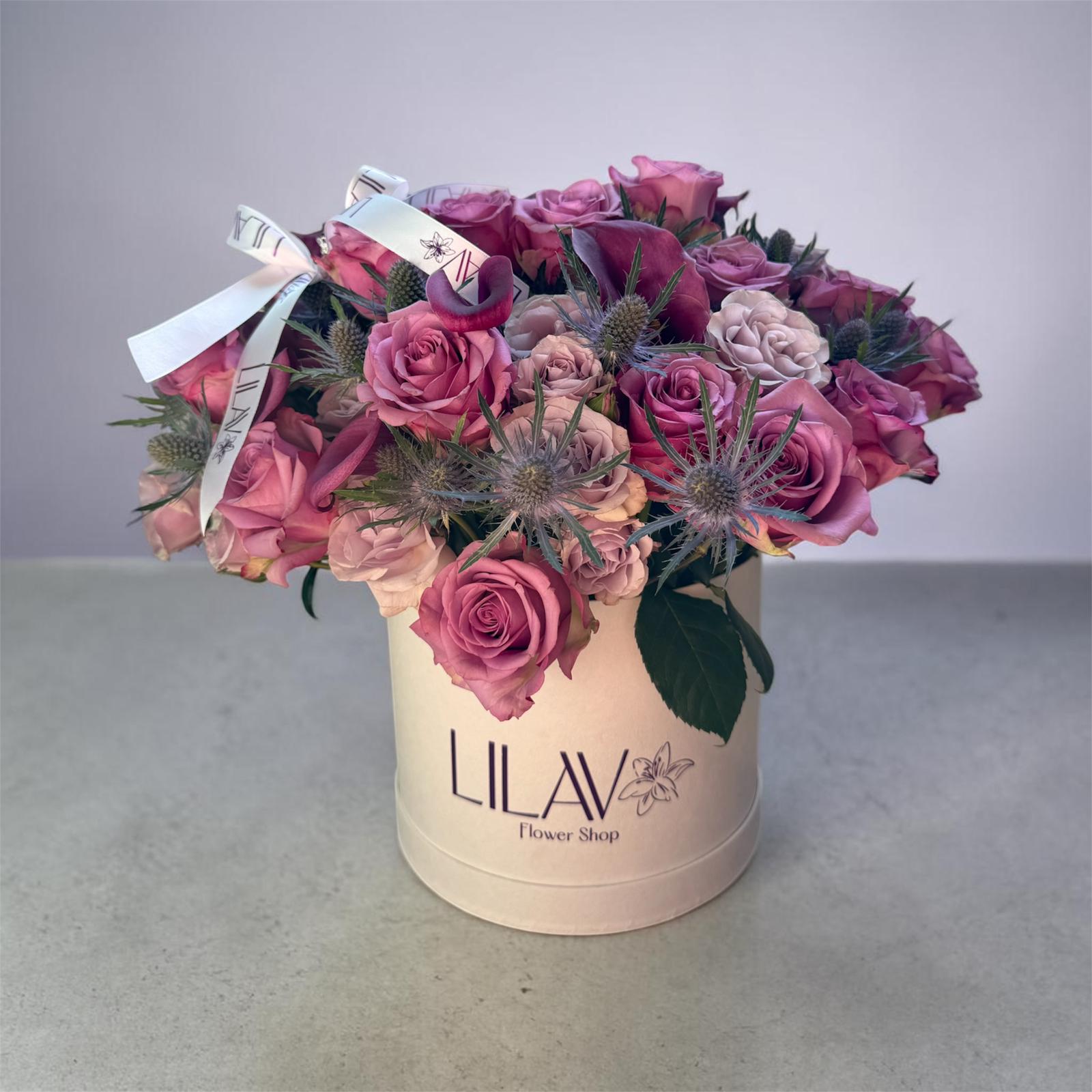 LILAV Signature Bouquet — calla lilies, spray roses and eryngium