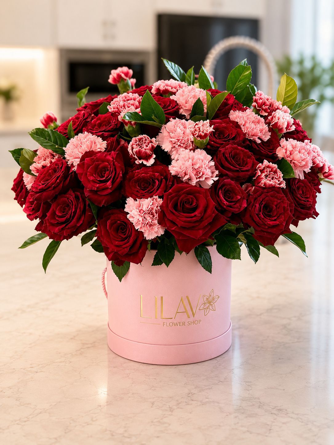 LILAV Passion in Bloom Bouquet — roses and carnations in blush pink and red