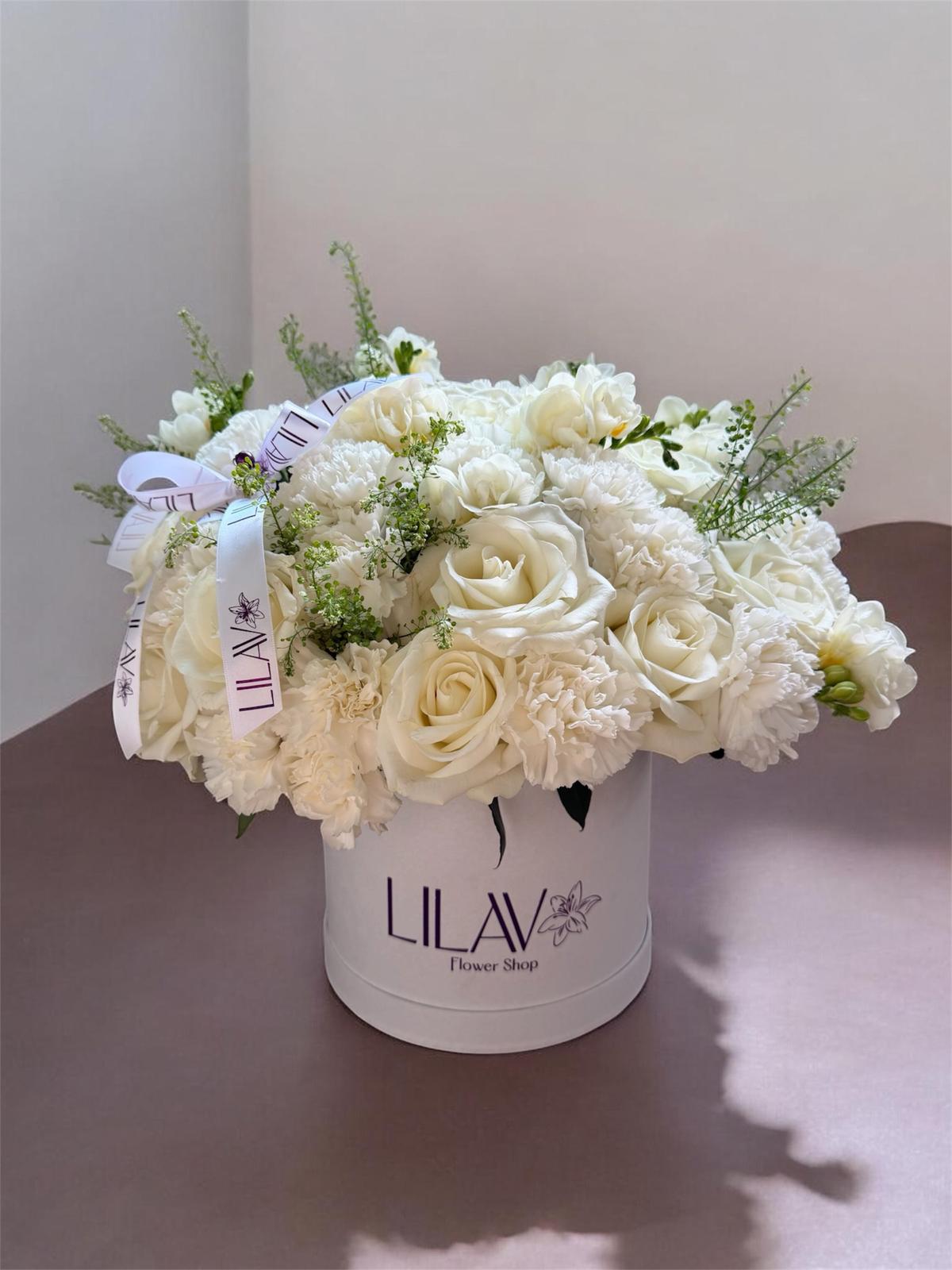 LILAV White Aura Bouquet — white roses, carnations and wax flowers